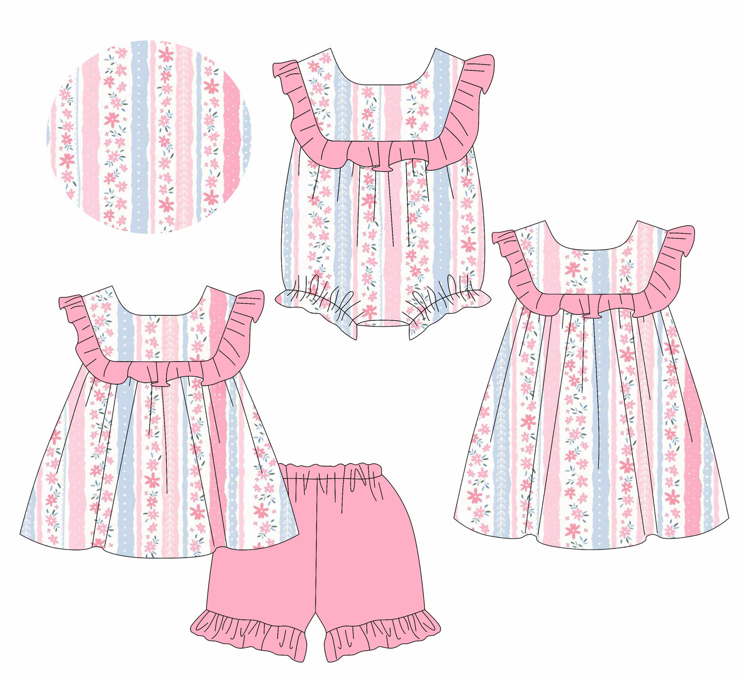 Pink ruffle floral tunic shorts kids girls summer clothes