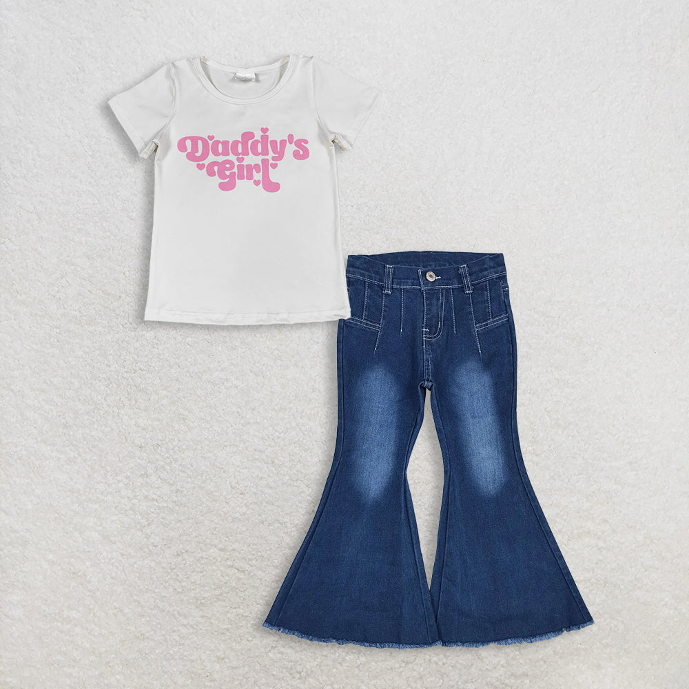 3.2 RTS NO MOQ （In stock）GT1566 + P0457 Baby Girls Daddy's Girls Summer White Shirt Denim Jeans Pants Clothes Sets