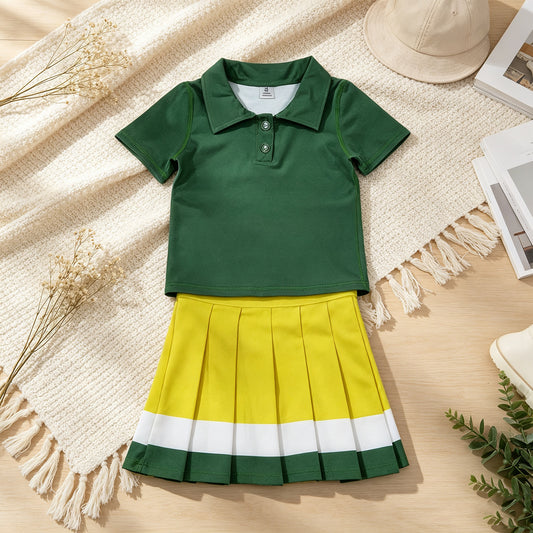 RTS NO MOQ （In stock）yoga fabric cotton GT1727+GLK0319 Yoga Baby Girls Green Short Sleeve Yoga Active Button Polo Shirts Top Daily Top Yellow Green White Yoga Active Pleated Skirt Short Bottoms Sets