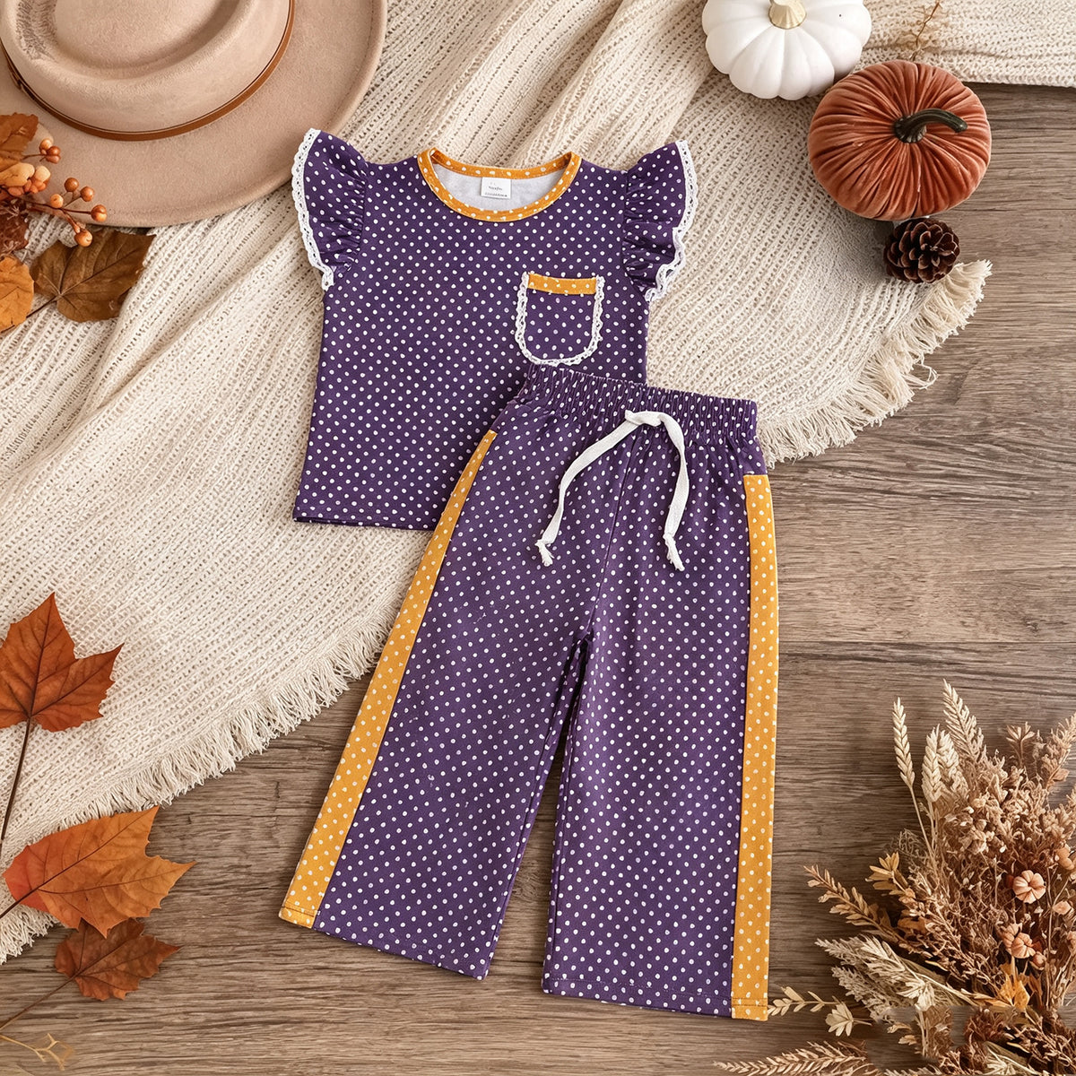 RTS NO MOQ （In stock）GSPO2366 milk silk Baby Girls Purple Polka Dots Pocket Top Flare Pant Clothes Set