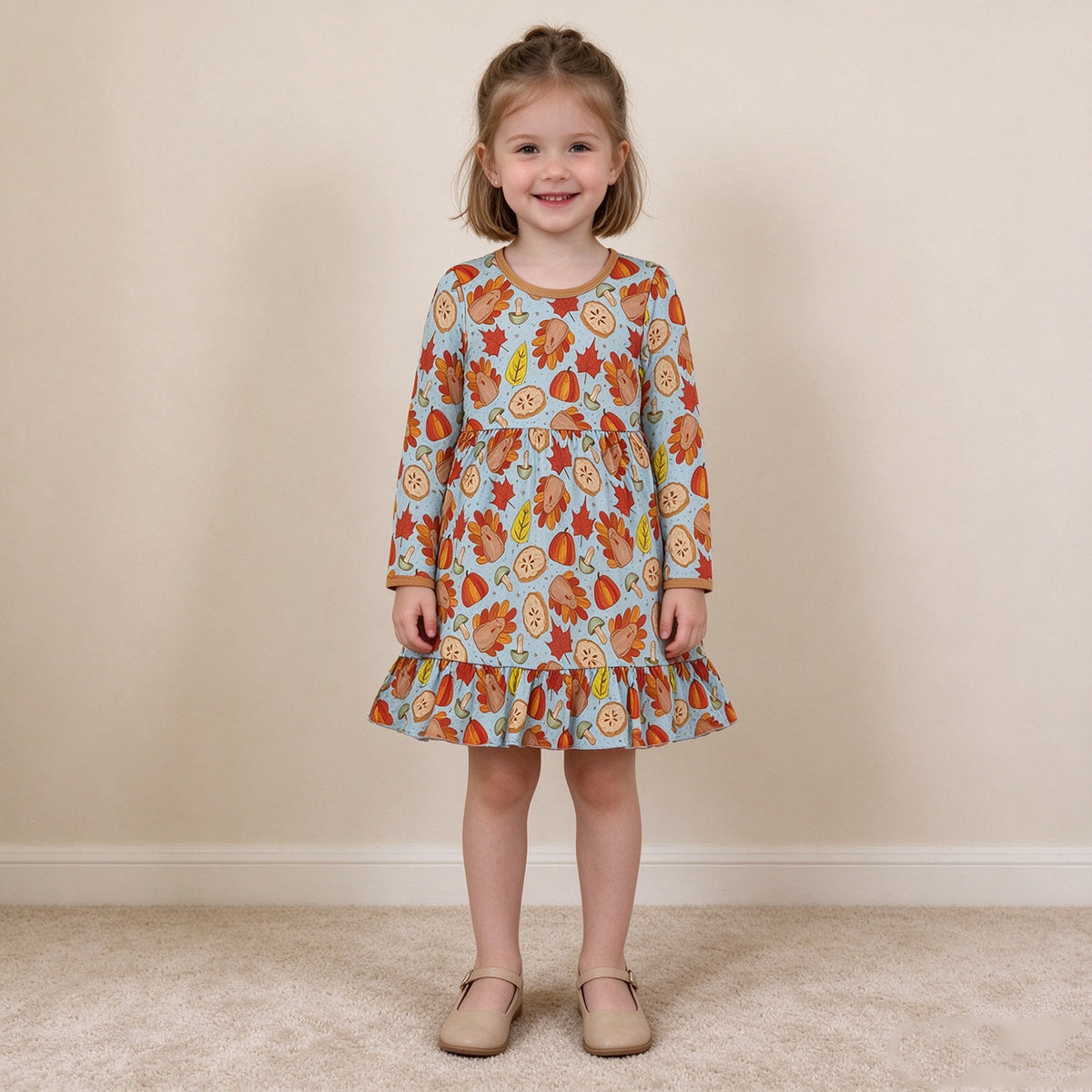 RTS NO MOQ （In stock）milk silk GLD1692 Baby Girls Pumpkins Turkey Thanksgivings Ruffle Knee Length Dress