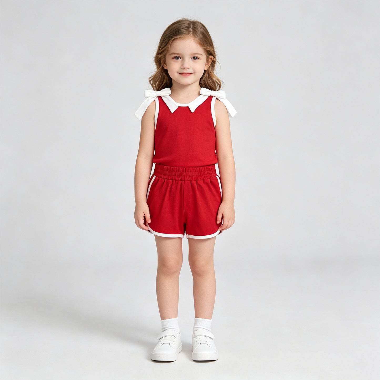 GSSO3821 RTS NO MOQ （In stock）Sleeveless white bow red top shorts girls team outfits