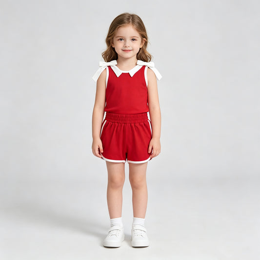 GSSO3821 RTS NO MOQ （In stock）Sleeveless white bow red top shorts girls team outfits