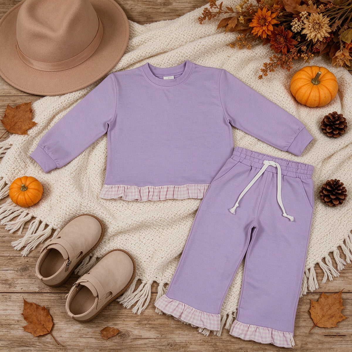 RTS NO MOQ （In stock）Cotton GLP3755 Baby Girls Lavender Long Sleeve Top Ruffle Pant Clothes Set