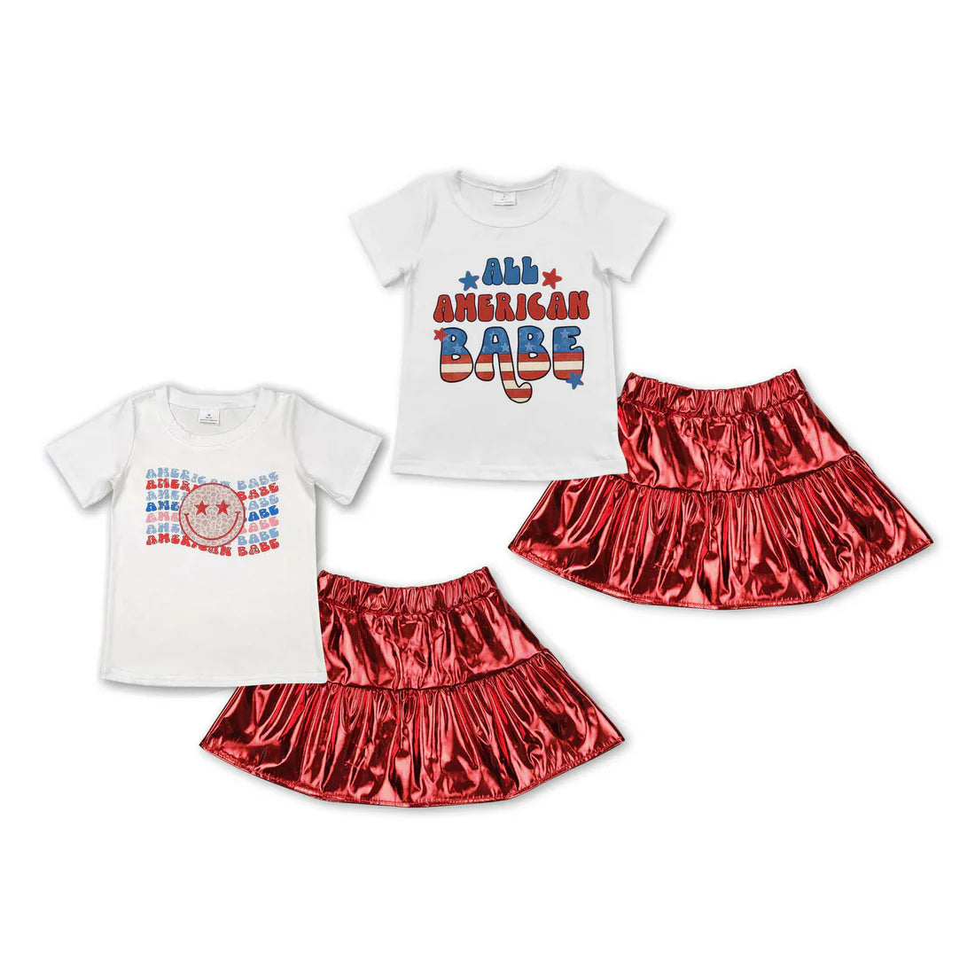 11.12 RTS Sibling Baby Girls American Babe Smiles Shirts Top Red Leather Skirts 4th Of July Sets