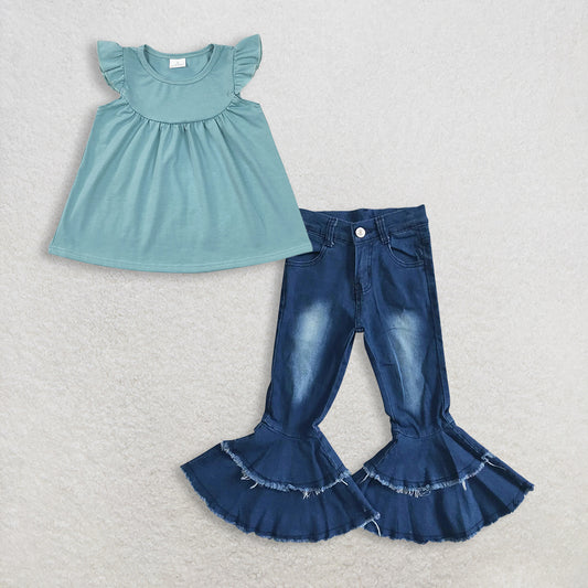 3.10 RTS NO MOQ （In stock）GT0460 + P0003 Baby Girls Blue Cotton Flutter Sleeve Tunic Tops Denim Pants Jeans Clothes Set