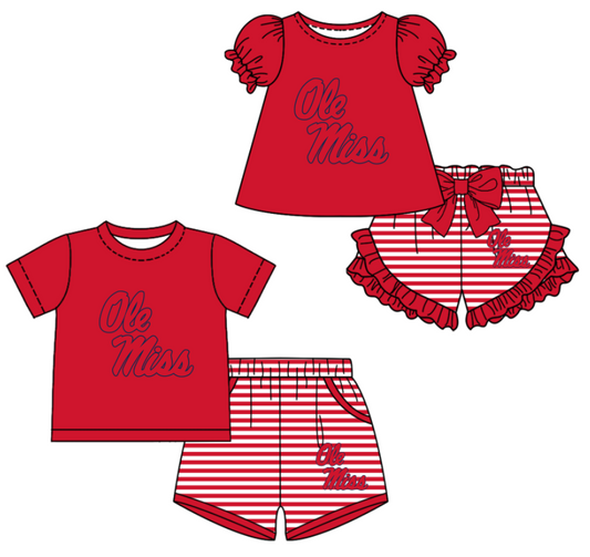 CUSTOM MOQ 5 Sibling Boys Baby Girls Red Top Stripe Shorts Clothes Sets