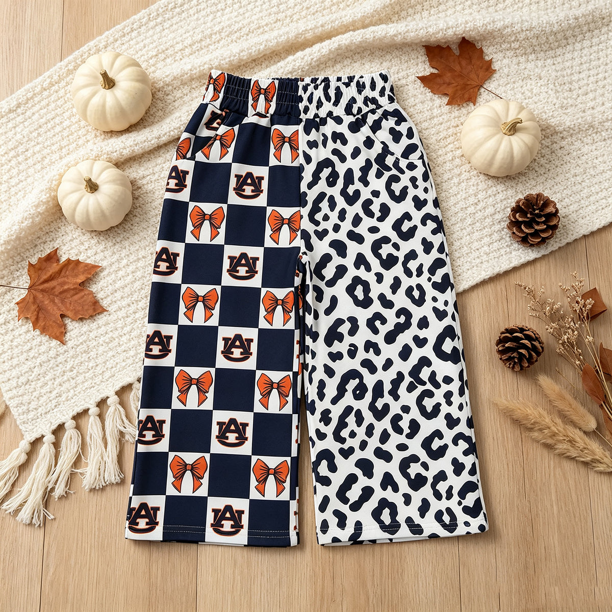 RTS NO MOQ （In stock）milk silk P1120 Baby Girls Bows Leopard Team Pockets Flare Pants Bottom