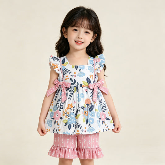 4.10 GSSO3746 RTS NO MOQ （In stock ）Baby Girls Flutter Sleeve Flowers Tunic Ruffle Shorts Clothes Sets