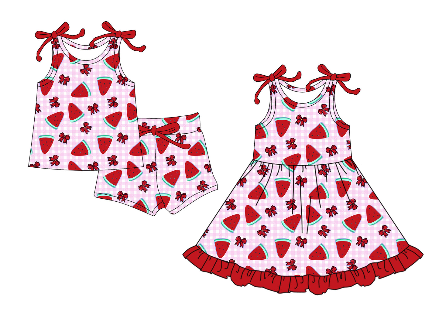 CUSTOM MOQ 5 Sibling Baby Girls Sleeveless Red Watermelon Shorts Knee Length Dresses Clothes Sets