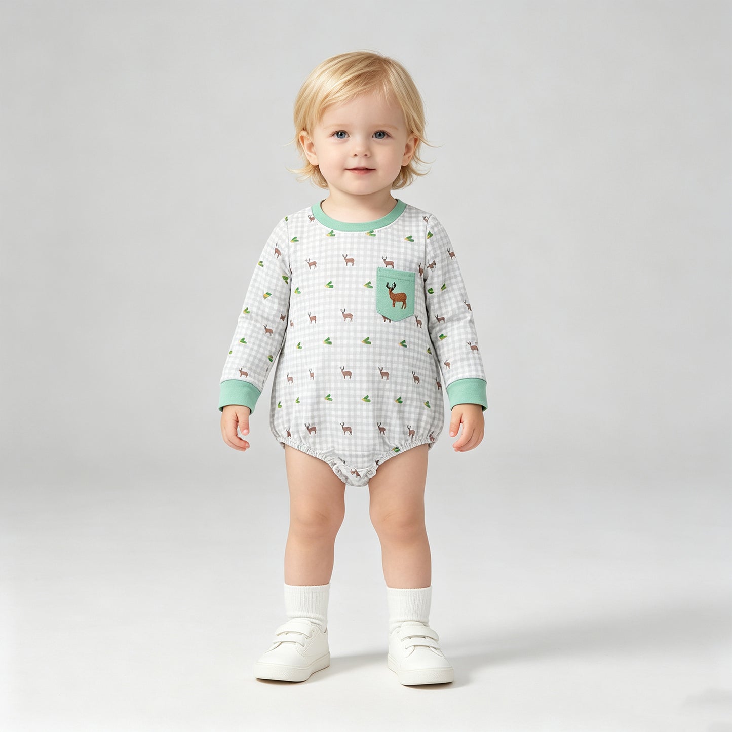 LR3003 RTS NO MOQ （In stock）Long sleeves deer embroidery pocket plaid baby boy romper