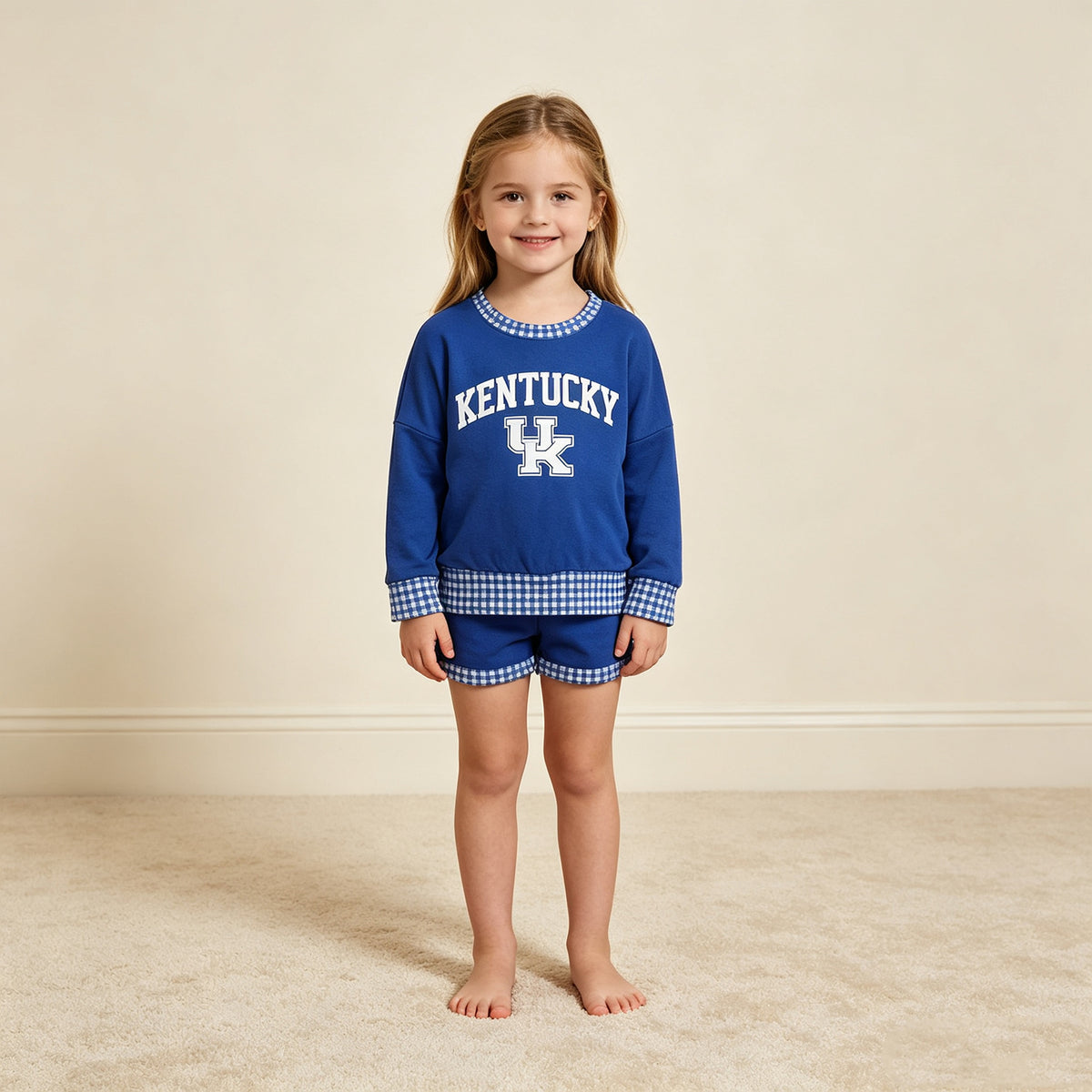 RTS NO MOQ （In stock）GLS0164 Baby Girls Vinyl Kentucky Long Sleeve Top Pockets Short Team Clothes Set
