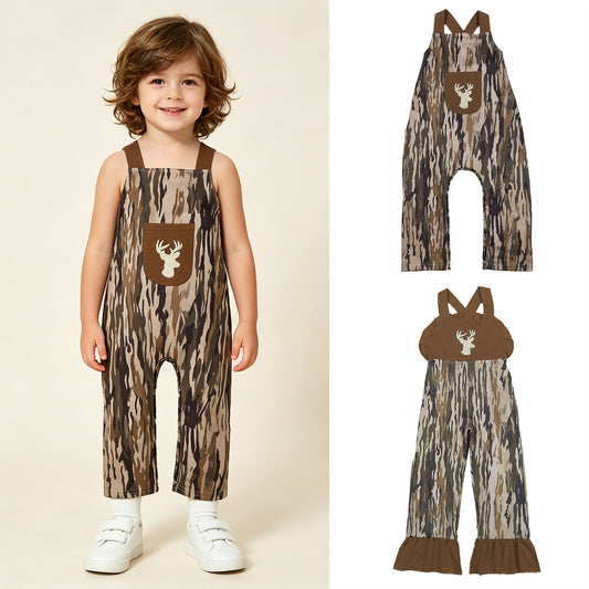 RTS Sibling Deer embroidery brown ruffle camo kids jumpsuit