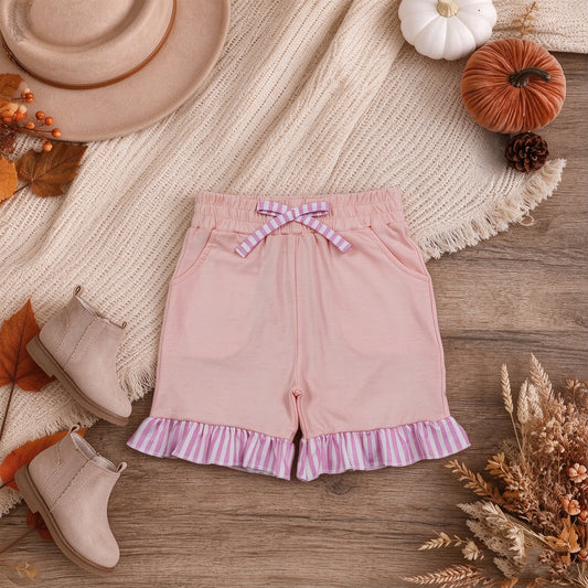 RTS NO MOQ （In stock）cotton SS0996 Baby Girls Light Pink Stripe Bow Pockets Shorts Bottom
