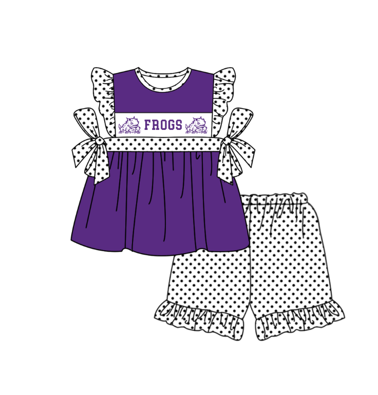 CUSTOM MOQ 5 Sibling Baby Kids Purple Top Shorts Clothes Set Knee Length Dress Rompers