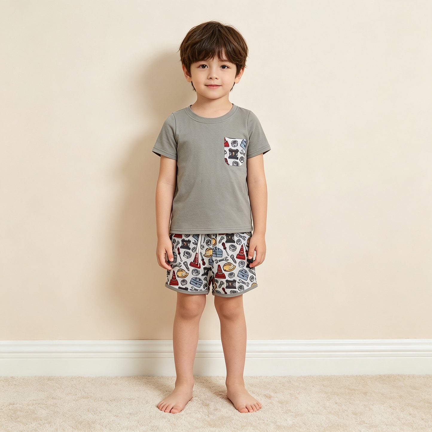 RTS NO MOQ （In stock）BSSO2005 Baby Boys Mechanic Tools Crew Neck Pocket Tee Elastic Waist Shorts Set