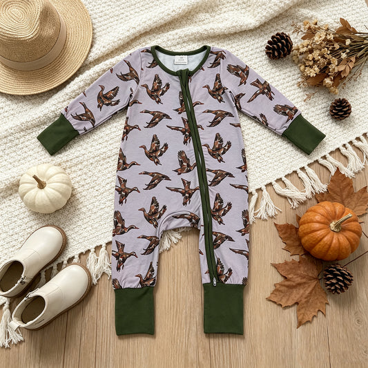 RTS NO MOQ milk silk LR3233 Baby Boys Camo Ducks Hunting Two Way Zip Convertible Romper