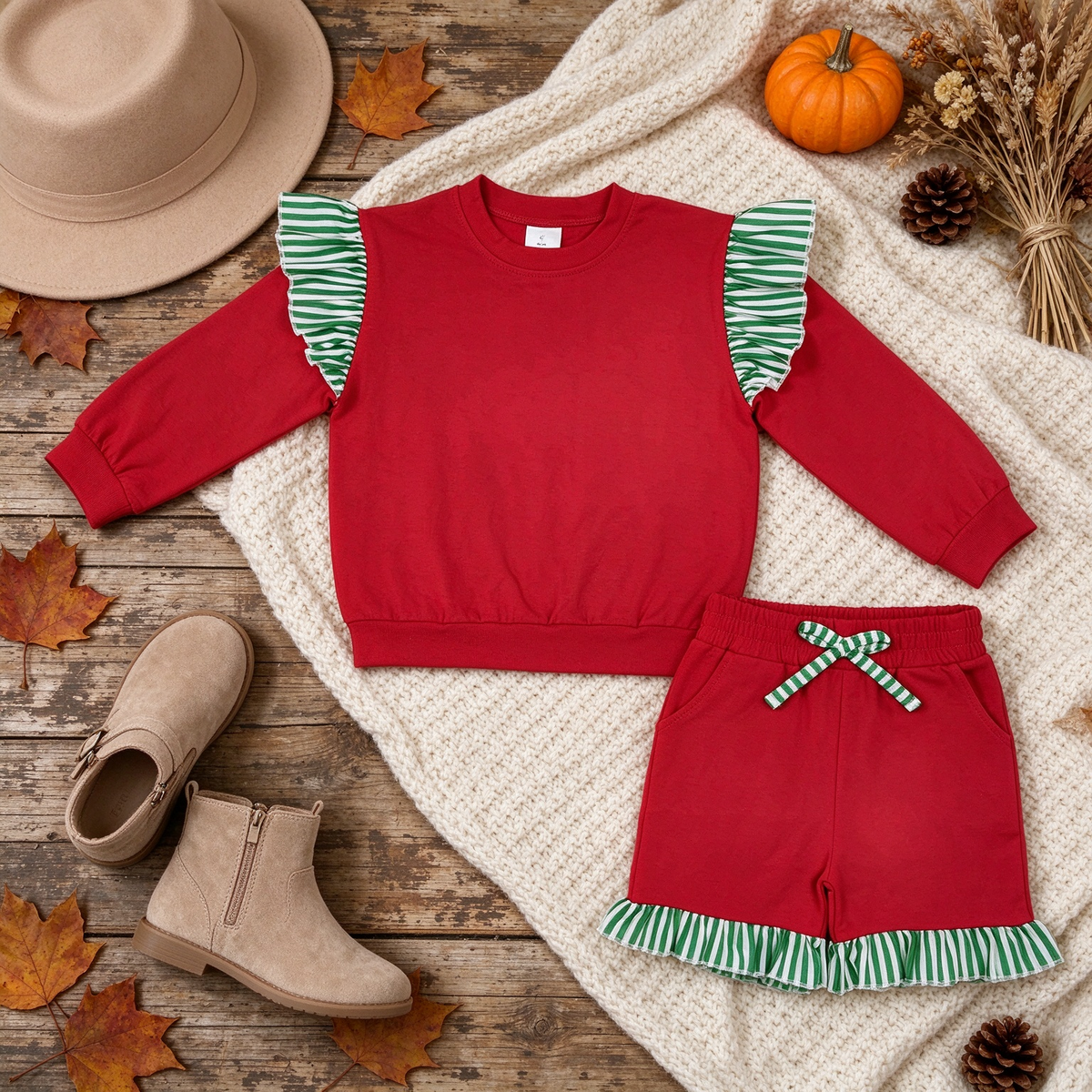 RTS NO MOQ （In stock）cotton GLS0217（GT1844+SS0997）Baby Girls Stripe Flutter Sleeve Red Top Pockets Ruffle Short Clothes Set
