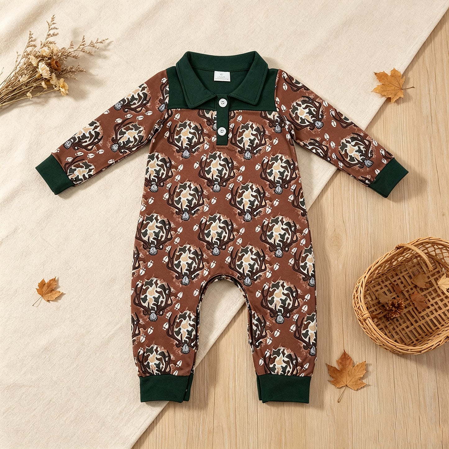 RTS NO MOQ （In stock）milk silk LR3013 Baby Boys Long Sleeve Camo Deer Button Hunting Pant Rompers