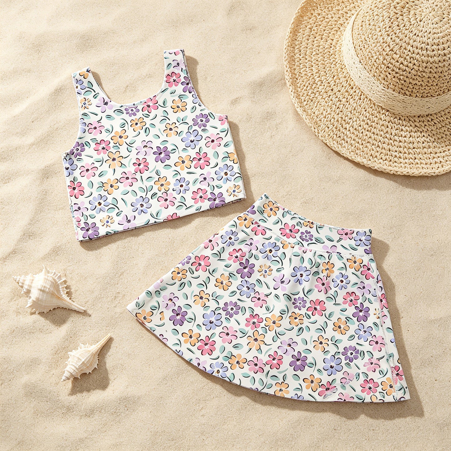 GSD3838 RTS NO MOQ （In stock ）Sleeveless floral kids girls summer activewear set