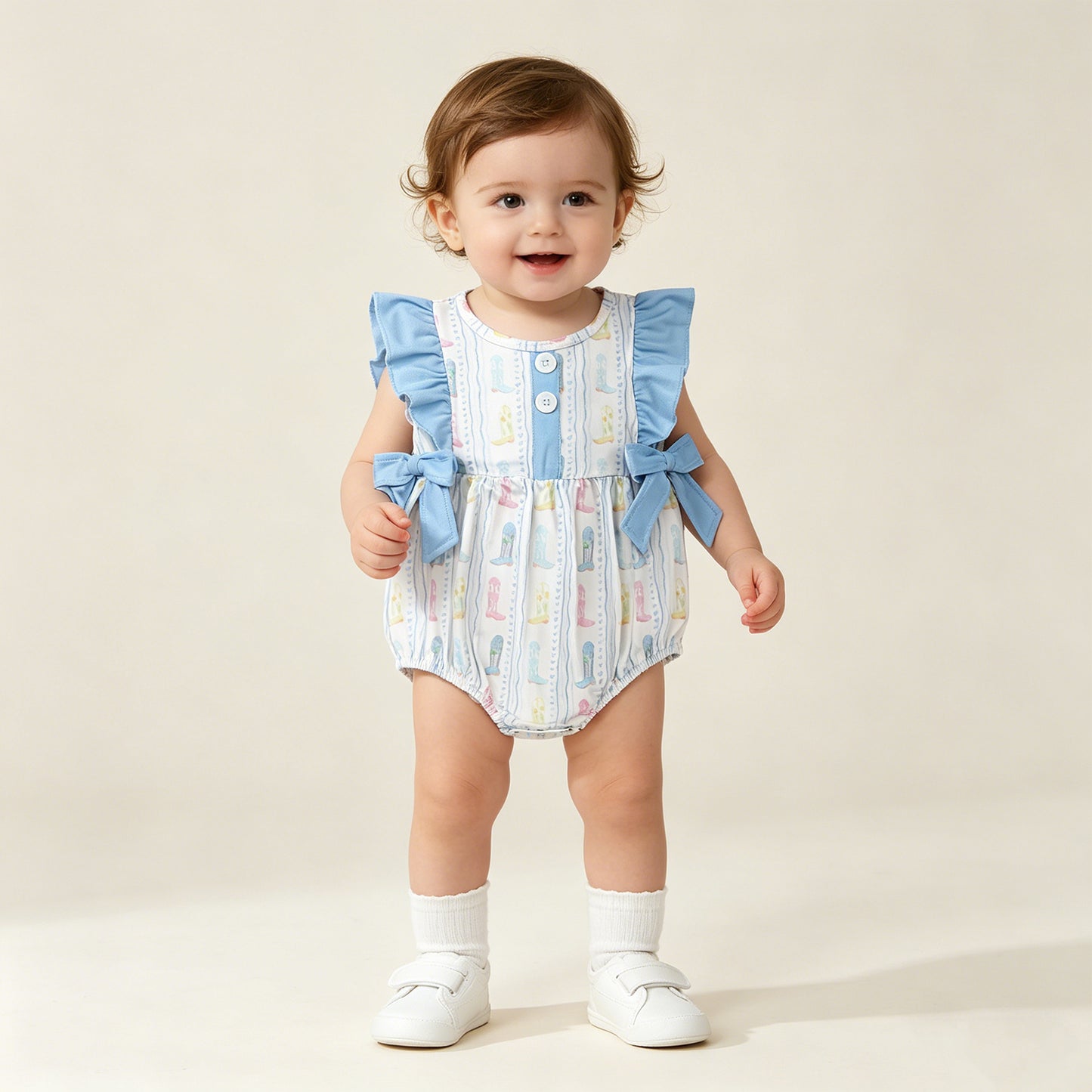 SR4088 RTS NO MOQ （In stock）Flutter sleeves boots heart baby girls summer romper