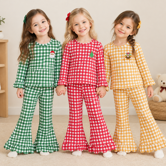 RTS NO MOQ Sibling milk silk Baby Girls Christmas Gingham Santa Tree Embroidery Top Scallop Bell Bottom Pants Set