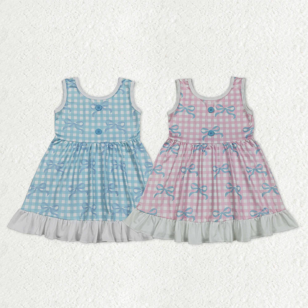 1.7 RST Sibling Baby Girls Sleeveless Bows Checked Button Ruffle Knee Length Dresses