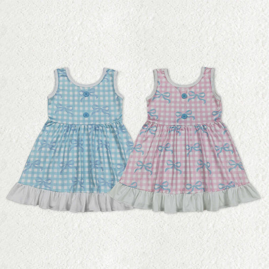 1.7 RST Sibling Baby Girls Sleeveless Bows Checked Button Ruffle Knee Length Dresses
