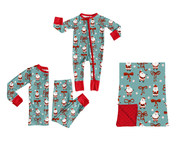 (Preorder new) No moq Baby Girls Santa Bow Star Print Long Sleeve Christmas Pajama Set Romper Blankets