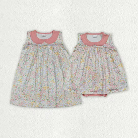 1.10 RTS Sibling Baby Girls Sleeveless Peach Flowers Collar Knee Length Dress Tunic Ruffle Rompers