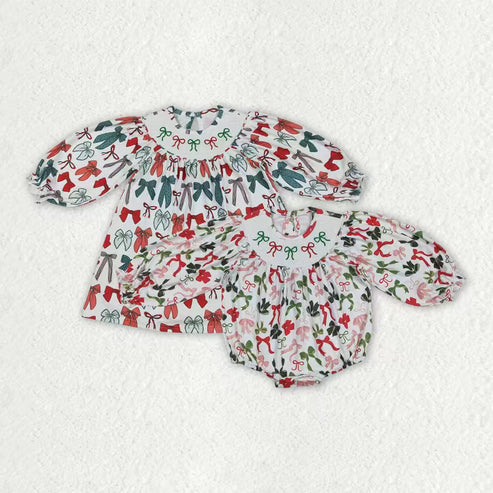 9.24 RTS Smocked Embroidery Sibling Baby Girls Green Red Bows Christmas Knee Length Dresses