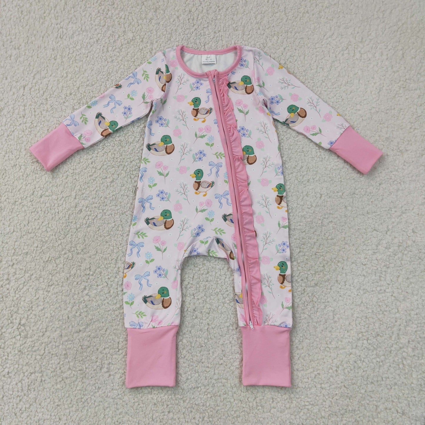 LR3071  RTS NO MOQ （In stock）Baby Girls Cute Floral Duck Long Sleeve Two Way Ruffle Zip Convertible Rompers