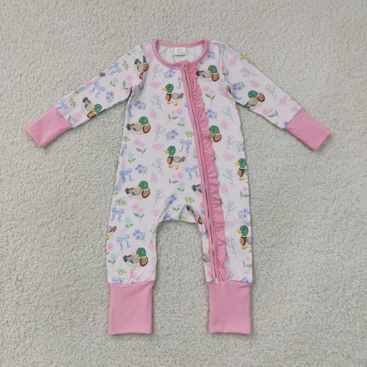 LR3071  RTS NO MOQ （In stock）Baby Girls Cute Floral Duck Long Sleeve Two Way Ruffle Zip Convertible Rompers