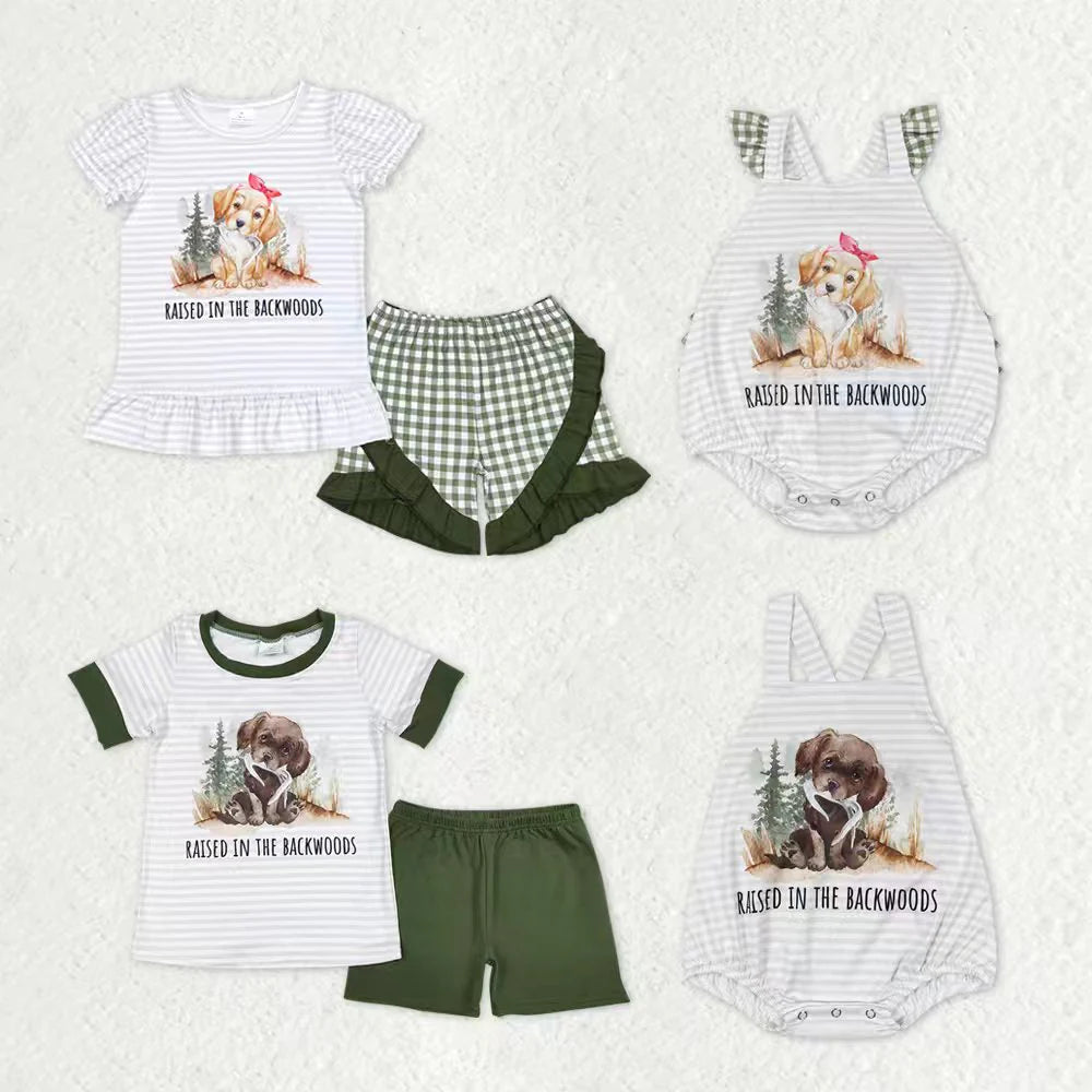 11.25 RTS Sibling Baby Boys Girls Raised in the Backwoods Dogs Shorts Clothes Sets Rompers