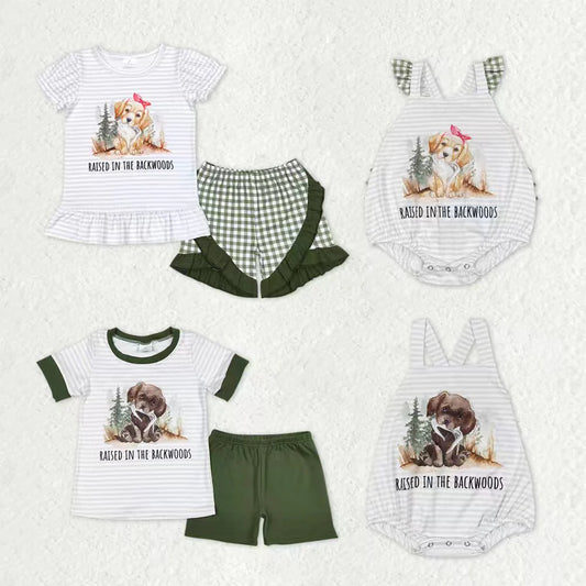 11.25 RTS Sibling Baby Boys Girls Raised in the Backwoods Dogs Shorts Clothes Sets Rompers