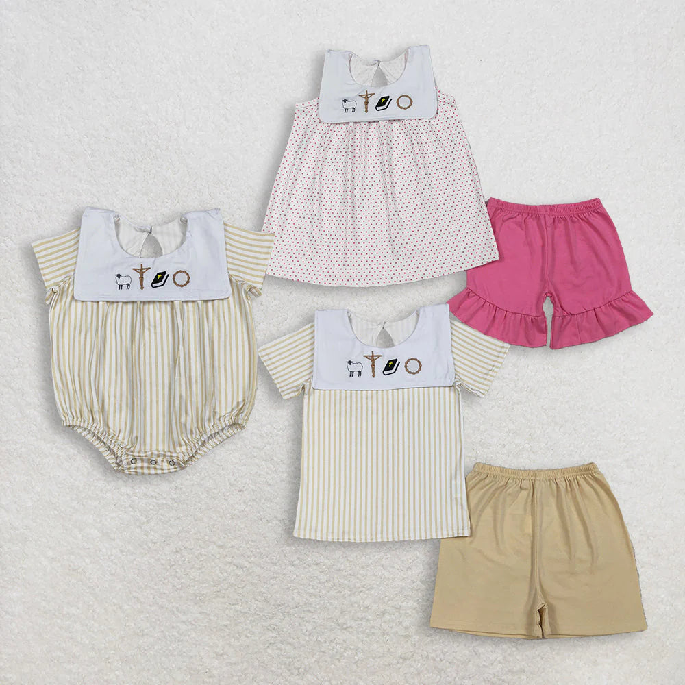 3.20 RTS Sibling Baby Kids Embroidery Cross Sheep Stripe Top Short Clothes Set Rompers