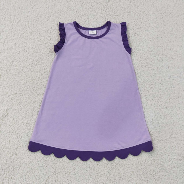 GSD4051 Sample No Moq Kids Girls Purple Sleeveless Solid Scallop Knee Length Dress