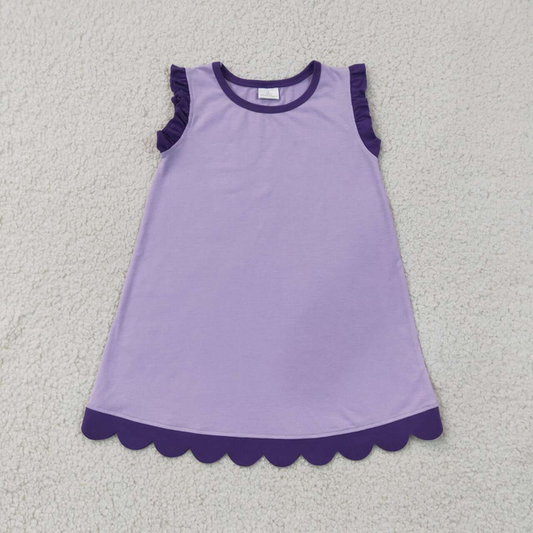 GSD4051  RTS NO MOQ （In stock）Kids Girls Purple Sleeveless Solid Scallop Knee Length Dress