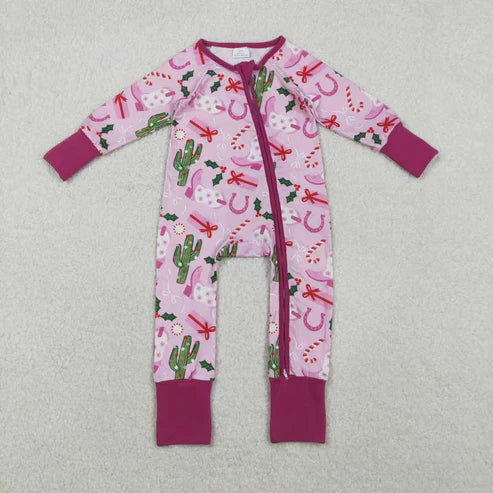11.20 RTS Sibling Baby Girls Boots Cactus Western Christmas Pants Pajamas Sets Zipper Rompers