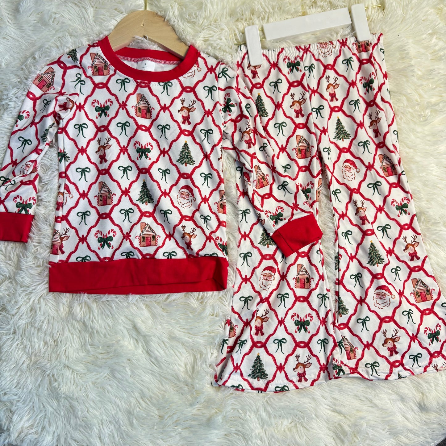 11.1 RST GLP2878 Baby Girls Red Bows Santa Checked Top Flare Pants Christmas Clothes Sets
