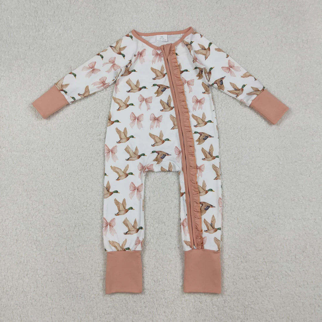 10.2 RTS Sibling Baby Girls Pink Bows Ducks Plaid Top Pants Pajamas Sets Ruffle Zipper Footie Rompers