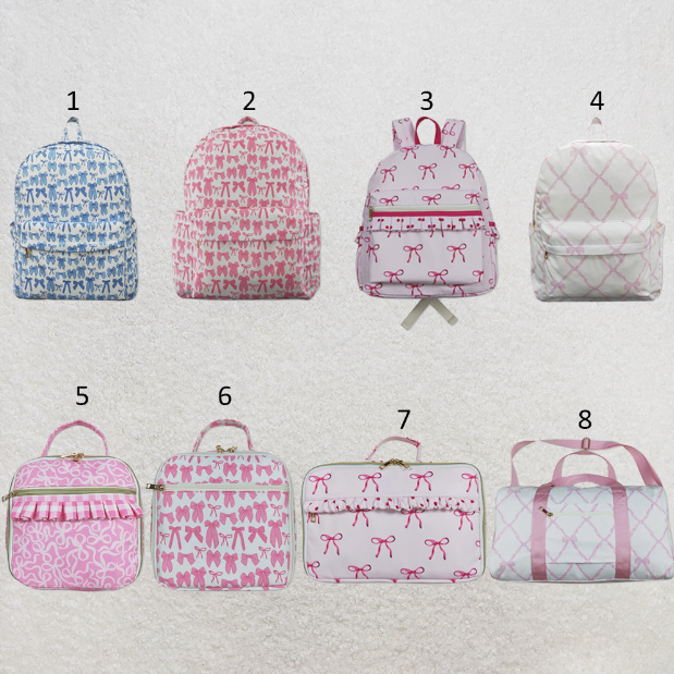 RTS NO MOQ Sibling Baby Kids Zipper Pink Bows School Backpack Pink Bows Lunch Dinner Picnic Box Bags