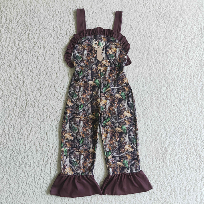 Baby Boys and Girls Brown Dry Leaves and Branches Overalls with Embroidered Christmas Elk