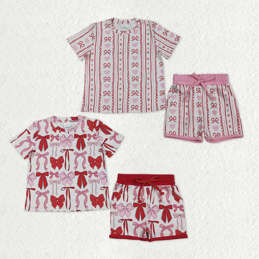 1.5 RTS Sibling Baby Girls Hearts Bows Top Pockets Shorts Valentines Clothes Sets