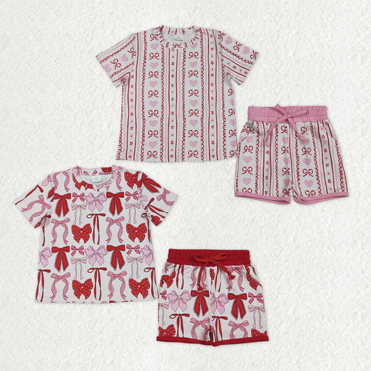 1.5 RTS Sibling Baby Girls Hearts Bows Top Pockets Shorts Valentines Clothes Sets