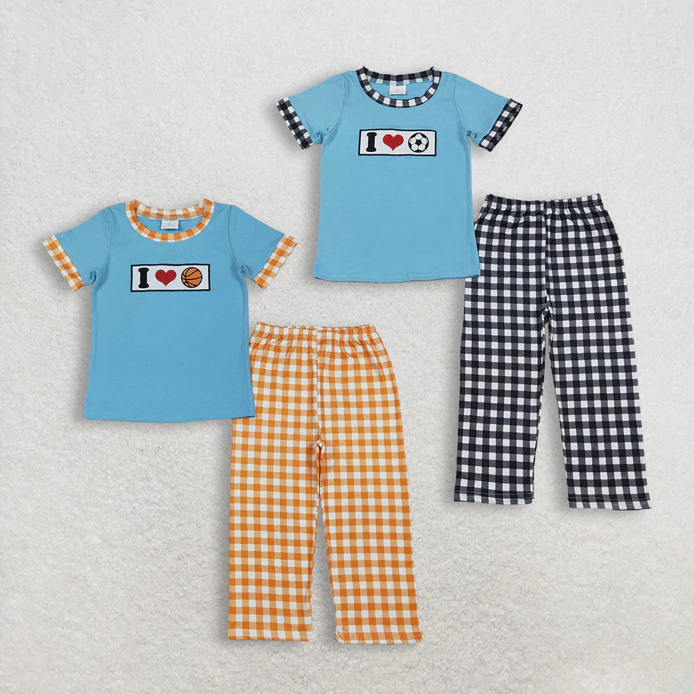 12.12 RTS Sibling Baby Boys Embroidery I Love Balls Top Checked Pants Team Clothes Sets