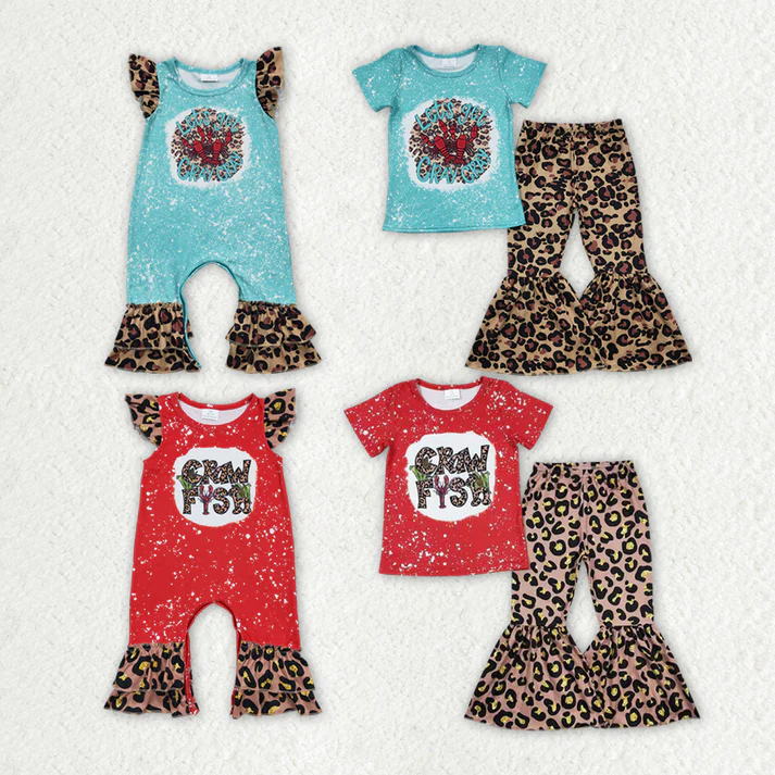 Baby Girls Brown Leopard Print Flying Sleeve Lace Romper Short Sleeve Long Pants Set