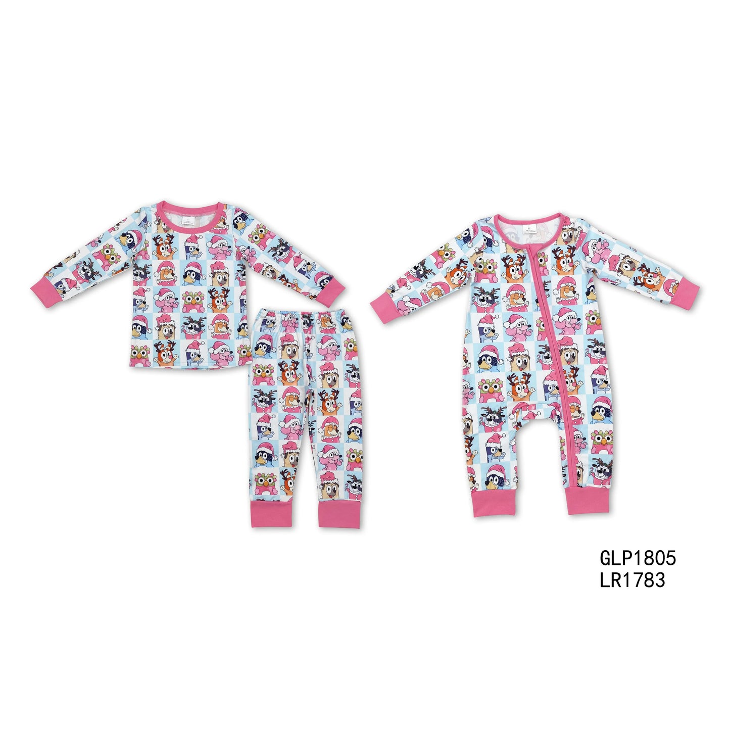 GLP1805+LR1783 Baby kids pink Santa hat puppy blue and white plaid long-sleeved pants suit & romper
