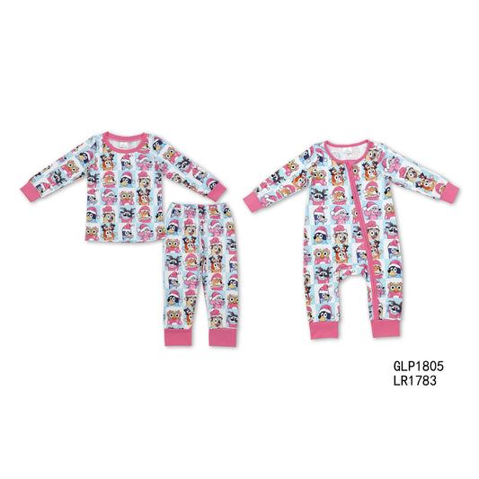 GLP1805+LR1783 Baby kids pink Santa hat puppy blue and white plaid long-sleeved pants suit & romper