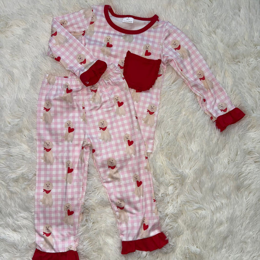 10.29 RST GLP2880 Baby Girls Dogs Hearts Pockets Ruffle Pants Valentine Pajamas Sets
